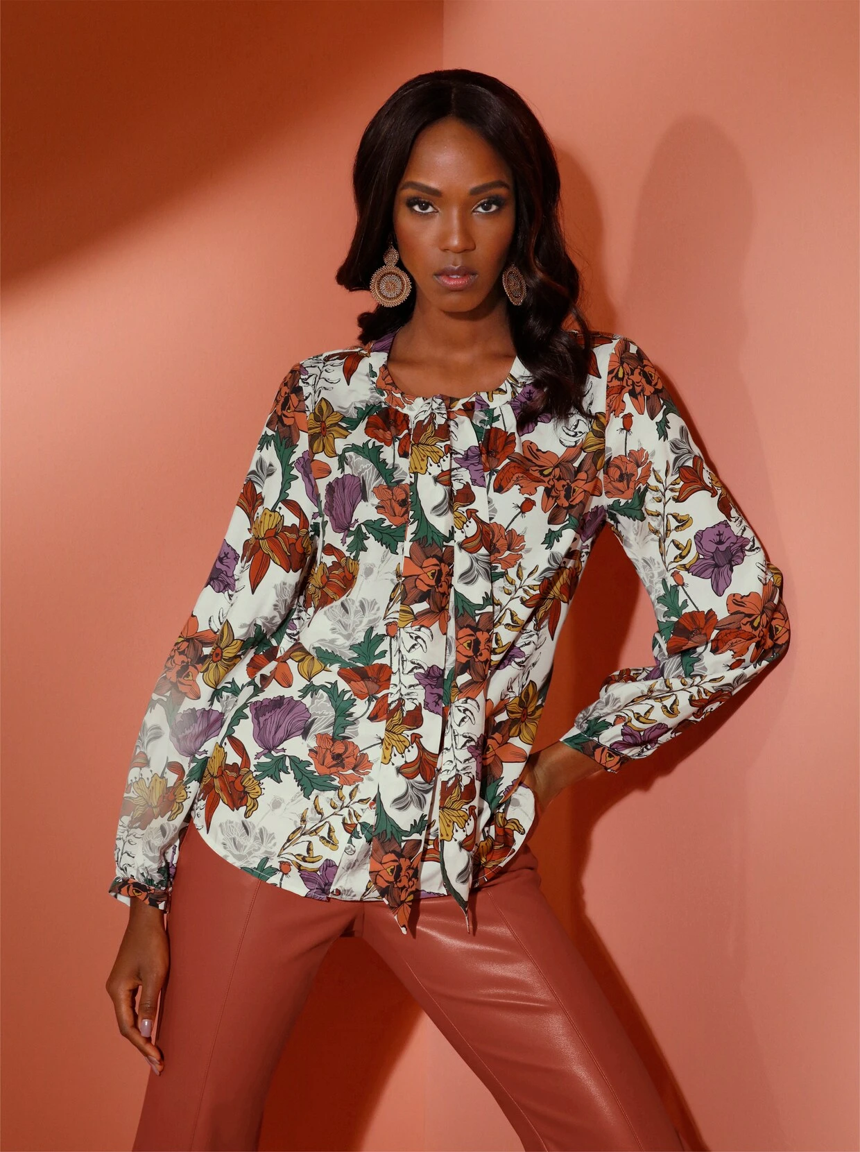 Seidenbluse In Champagner-rostrot-bedruckt