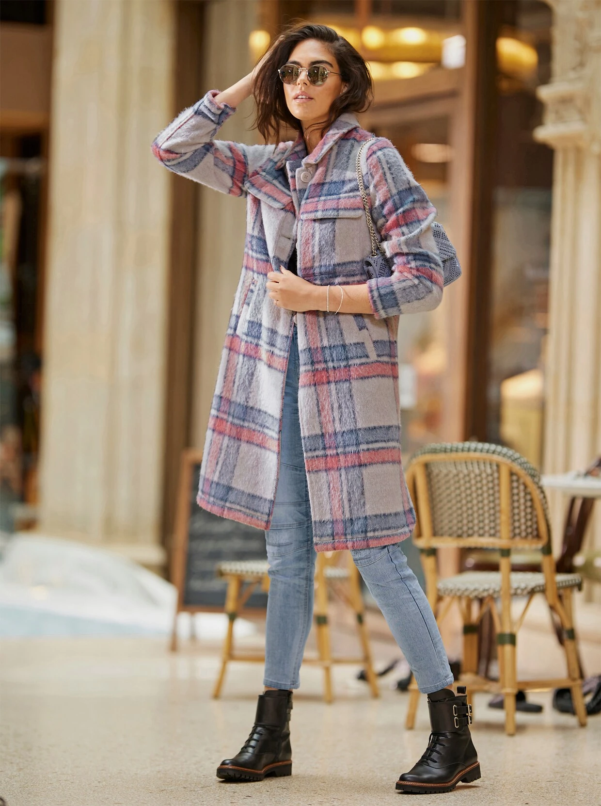 Heine Mantel In Hellgrau-taubenblau-kariert