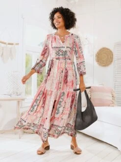 Heine Druck-Kleid In Ecru-rosenquarz-bedruckt