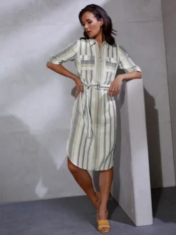 Creation L Premium Leinen-Hemdblusenkleid In Weiß-steingrau-gestreift