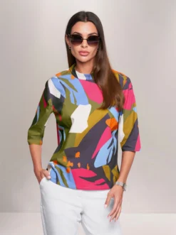 Heine Druckbluse In Oliv-pink-bedruckt