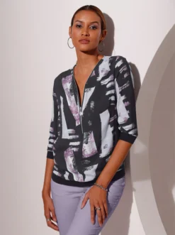 Bluse In Schwarz-flieder-bedruckt