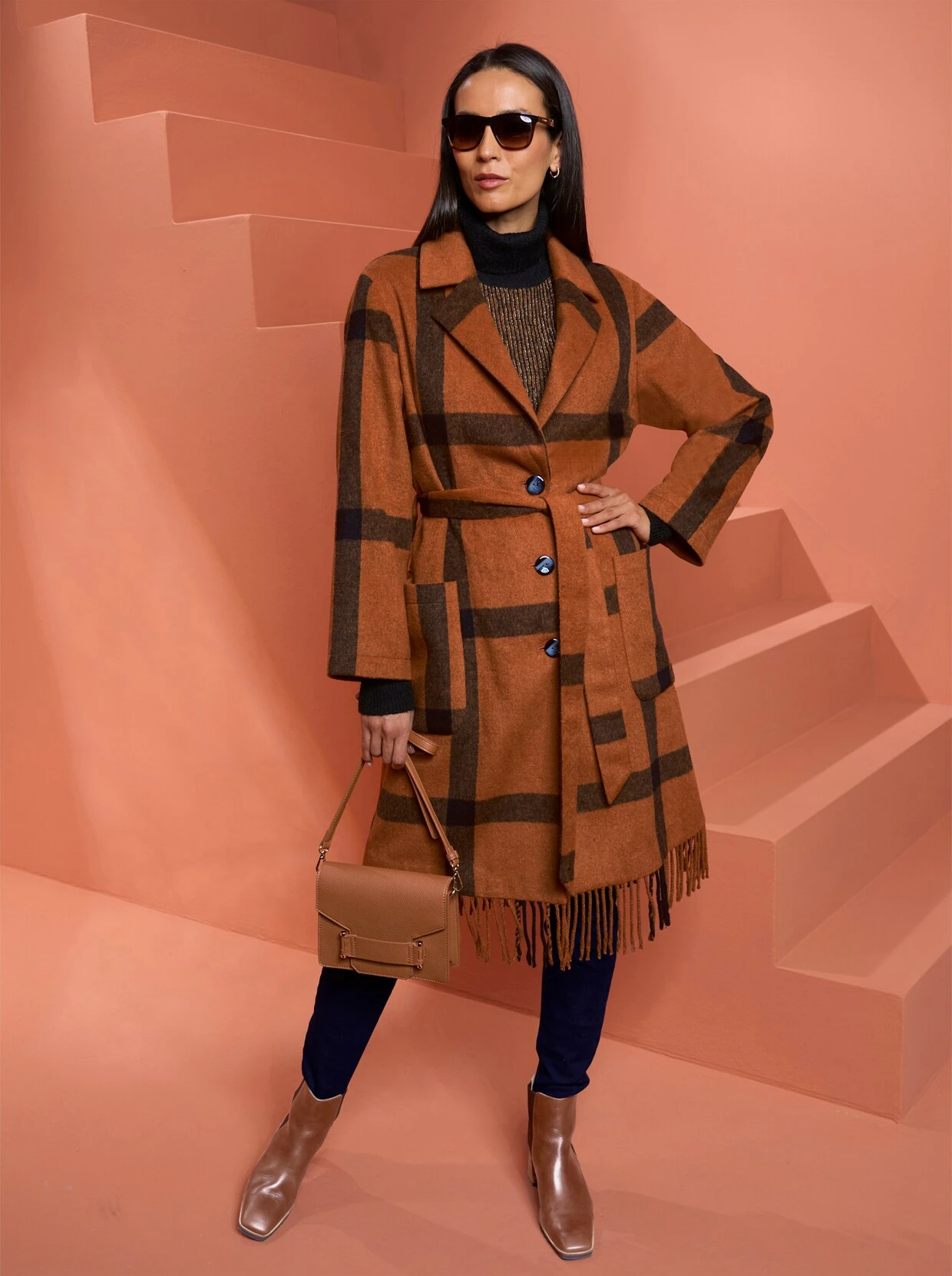 Heine Mantel In Cognac-schwarz-kariert