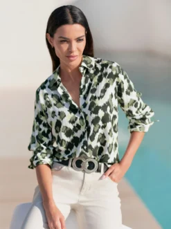 Heine Druckbluse In Ecru-khaki-bedruckt