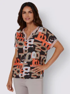 Druckbluse In Mandarine-schwarz-bedruckt